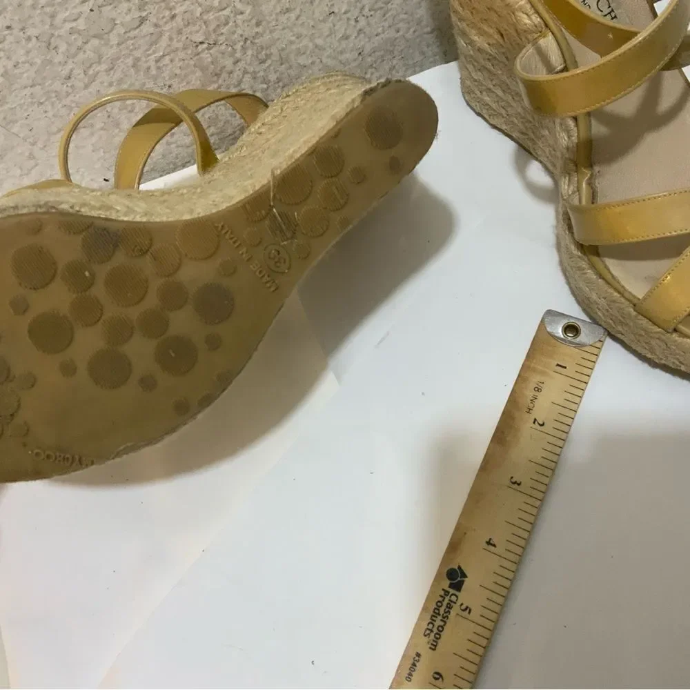 JIMMY CHOO PORTO CRISSCROSS ESPADRILLE WEDGE SANDALS NUDE PATENT LEATHER SZ 39